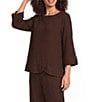 Ali Miles Woven Round Neck 3/4 Sleeve Button Detail Hem Top - Image 1