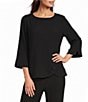 Ali Miles Woven Round Neck 3/4 Sleeve Button Detail Hem Top - Image 1