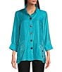Color:Turquoise - Image 1 - Woven Shimmer Stand Ruffle Collar 3/4 Sleeves Button-Front Tunic
