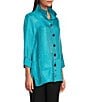 Color:Turquoise - Image 3 - Woven Shimmer Stand Ruffle Collar 3/4 Sleeves Button-Front Tunic
