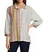 Ali Miles Woven Solid Multi Stripe Point Collar 3/4 Sleeve High-Low Hem Button-Front Shirt - Image 1