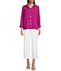 Ali Miles Woven Solid Wire Collar 3/4 Sleeve Pleated Hem Button Front Tunic, Color:Magenta - Image 3
