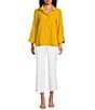 Ali Miles Woven Solid Wire Collar 3/4 Sleeve Pleated Hem Button Front Tunic, Color:Harvest - Image 3