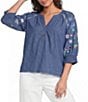 Ali Miles Woven Split V-Neck 3/4 Floral Embroidery Sleeve Top - Image 1