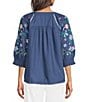 Ali Miles Woven Split V-Neck 3/4 Floral Embroidery Sleeve Top - Image 2
