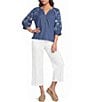 Ali Miles Woven Split V-Neck 3/4 Floral Embroidery Sleeve Top - Image 3