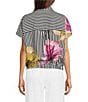 Ali Miles Woven Stripe Floral Point Collar Short Dolman Sleeve Drawstring Hem Button-Front Shirt - Image 2