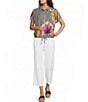 Ali Miles Woven Stripe Floral Point Collar Short Dolman Sleeve Drawstring Hem Button-Front Shirt - Image 3