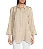 Color:Khaki - Image 1 - Woven Stripe Print Point Collar 3/4 Cuffed Sleeve Uneven Hem Button Front Tunic