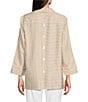 Color:Khaki - Image 2 - Woven Stripe Print Point Collar 3/4 Cuffed Sleeve Uneven Hem Button Front Tunic