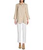Color:Khaki - Image 4 - Woven Stripe Print Point Collar 3/4 Cuffed Sleeve Uneven Hem Button Front Tunic