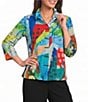 Ali Miles Woven Textured Print Wire Collar 3/4 Sleeve Button Front Top - Image 1