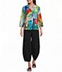 Ali Miles Woven Textured Print Wire Collar 3/4 Sleeve Button Front Top - Image 3