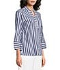 Ali Miles Woven Textured Stripe Banded Collar 3/4 Sleeve Top - Image 3