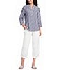 Ali Miles Woven Textured Stripe Banded Collar 3/4 Sleeve Top - Image 5