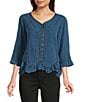 Ali Miles Woven V-Neck 3/4 Sleeve Button Front Shirt - Image 1