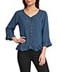 Ali Miles Woven V-Neck 3/4 Sleeve Button Front Shirt - Image 1