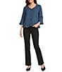 Ali Miles Woven V-Neck 3/4 Sleeve Button Front Shirt - Image 3