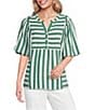 Ali Miles Woven Yarn-Dye Stripe Split V-Neck Elbow Length Bubble Sleeve Pullover Top - Image 1