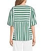 Ali Miles Woven Yarn-Dye Stripe Split V-Neck Elbow Length Bubble Sleeve Pullover Top - Image 2
