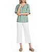Ali Miles Woven Yarn-Dye Stripe Split V-Neck Elbow Length Bubble Sleeve Pullover Top - Image 3