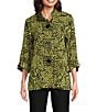 Ali Miles Woven Zebra Leopard Print Wire Collar 3/4 Sleeve Button Front Tunic, Color:Citron/Black - Image 1