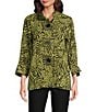 Ali Miles Woven Zebra Leopard Print Wire Collar 3/4 Sleeve Button Front Tunic, Color:Citron/Black - Image 3