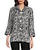 Ali Miles Woven Zebra Leopard Print Wire Collar 3/4 Sleeve Button Front Tunic, Color:White/Black - Image 1