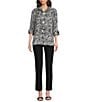 Ali Miles Woven Zebra Leopard Print Wire Collar 3/4 Sleeve Button Front Tunic, Color:White/Black - Image 9