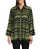 Ali Miles Woven Zig-Zag Harmony Print Point Collar 3/4 Roll-Tab Sleeve Asymmetric Hem Button Front Tunic, Color:Citron - Image 3