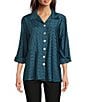 Ali Miles Yarn-Dye Knit Abstract Print Point Collar 3/4 Cuff Sleeve Button Front Tunic, Color:Dark Teal - Image 1