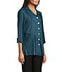 Ali Miles Yarn-Dye Knit Abstract Print Point Collar 3/4 Cuff Sleeve Button Front Tunic, Color:Dark Teal - Image 3