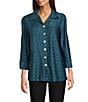 Ali Miles Yarn-Dye Knit Abstract Print Point Collar 3/4 Cuff Sleeve Button Front Tunic, Color:Dark Teal - Image 5