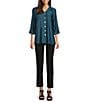 Ali Miles Yarn-Dye Knit Abstract Print Point Collar 3/4 Cuff Sleeve Button Front Tunic, Color:Dark Teal - Image 9