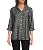 Ali Miles Yarn-Dye Knit Abstract Print Point Collar 3/4 Cuff Sleeve Button Front Tunic, Color:Black/White - Image 1
