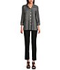 Ali Miles Yarn-Dye Knit Abstract Print Point Collar 3/4 Cuff Sleeve Button Front Tunic, Color:Black/White - Image 9