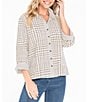 Color:Linen - Image 1 - Yarn Dye Plaid Print Point Collar 3/4 Cuffed Sleeve High-Low Hem Button Front Top