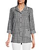 Color:Black - Image 1 - Yarn Dye Plaid Print Point Collar 3/4 Cuffed Sleeve High-Low Hem Button Front Top