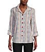 Color:Multiple - Image 1 - Yarn-Dye Textured Stripe Wire Collar Long Roll-Tab Sleeve High-Low Hem Button-Front Tunic