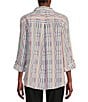 Color:Multiple - Image 2 - Yarn-Dye Textured Stripe Wire Collar Long Roll-Tab Sleeve High-Low Hem Button-Front Tunic