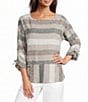 Ali Miles Yarn Dye Woven Stripe Round Neck 3/4 Sleeves Top - Image 1