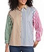Ali Miles Yarn Dyed Multi Color Stripe Point Collar 3/4 Cuffed Sleeve Button Front Hi-Low Hem Shirt - Image 1