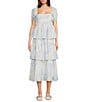 All in Favor Patchwork Print Square Neck Short Puff Sleeve Tiered Midi Dress - Image 1