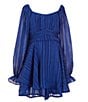 Color:Cobalt - Image 1 - Big Girls 7-16 Blouson-Sleeve Lurex-Shadow-Stripe Chiffon Romper