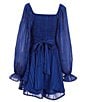 Color:Cobalt - Image 2 - Big Girls 7-16 Blouson-Sleeve Lurex-Shadow-Stripe Chiffon Romper