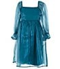Color:Teal - Image 1 - Big Girls 7-16 Blouson Sleeve Shiny Organza Babydoll Dress