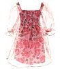 Color:Pink/Fuchsia - Image 2 - Big Girls 7-16 Long-Sleeve Floral Printed Organza Babydoll Dress
