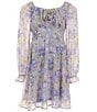 Color:Periwinkle/Lavender - Image 1 - Big Girls 7-16 Long Sleeve Floral Printed Rosette-Appliqued Empire Waist Dress