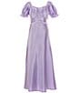 Color:Lavender - Image 1 - Big Girls 7-16 Puffed-Sleeve Cross-Front-Detailed Long Satin Dress