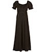 Color:Black - Image 1 - Big Girls 7-16 Puffed-Sleeve Cross-Front-Detailed Long Satin Dress